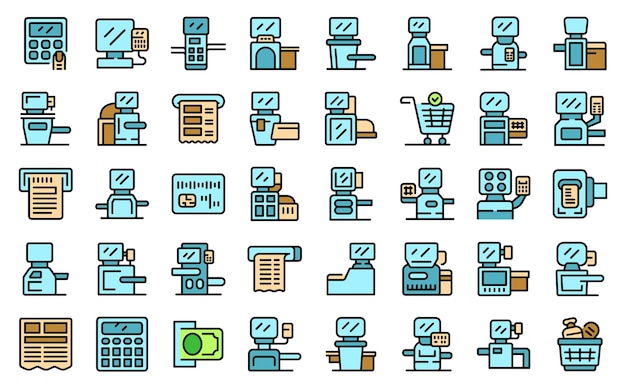 Autoservicio en la caja Iconos establecidos contorno vector Salf efectivo Escanear terminal línea delgada color plano en blanco
