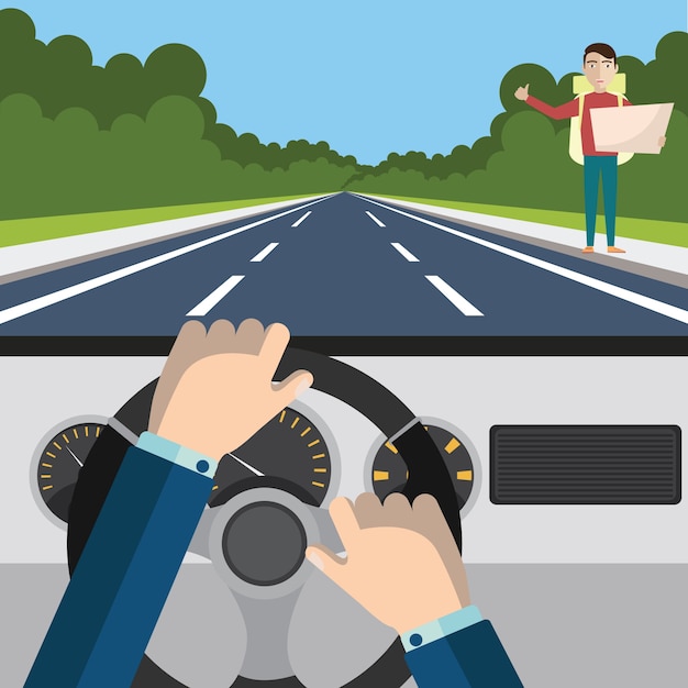 Autostop. Hombre viajero con mochila. Vector de dibujos animados