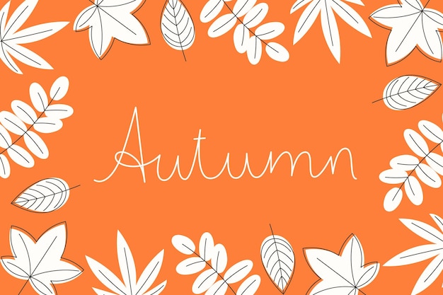 Autumn Card Lettering White Leaves Frame Bright Orange Background Flat Style