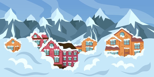 Vector avalancha de dibujos animados escena de desastre natural de nieve con casas enterradas ilustración vectorial