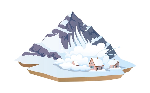 Avalancha en el pueblo de montaña objetos de dibujos animados 2D en blanco