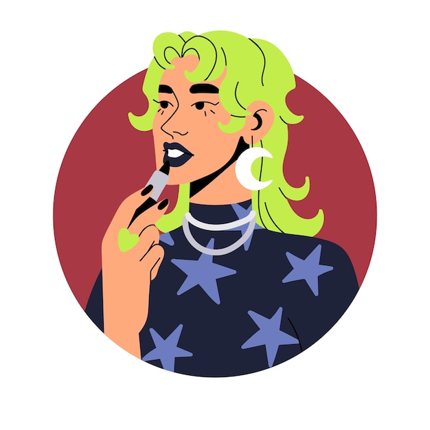 Avatar de cara de chica moderna de moda Mujer joven de moda con cabello teñido haciendo maquillaje de labios con lápiz labial Retrato de cabeza femenina sexy atrevida creativa Ilustración vectorial plana aislada sobre fondo blanco
