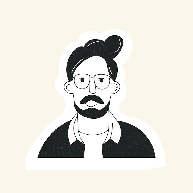 Avatar de cara de hombre garabato con corte de pelo de barba bigote y gafas etiqueta engomada de retrato de tipo hipster con cabello de moda ilustración de vector plano en blanco y negro dibujado a mano cara de hombre barbudo de moda