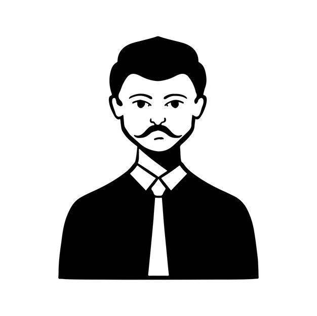 Avatar de estilo plano joven trabajador de oficina inteligente con bigote en camisa hombre en corbata negra y blanca
