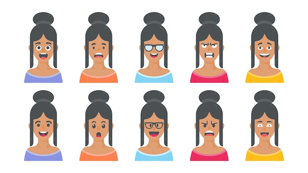 Vector avatar femenino y cara de dibujos animados con diferentes expresiones faciales y conjunto de ilustraciones de personajes