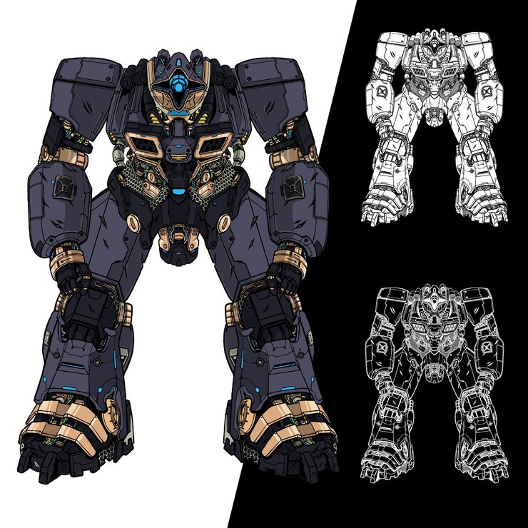 Vector avatar futurista boceto en blanco y negro gigante mecha robot cuerpo arma ilustración vector premium