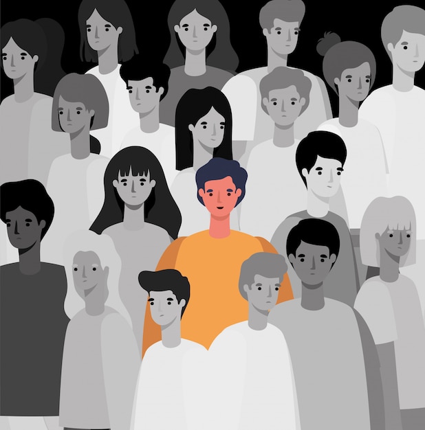 Avatar de hombre en color entre diseño de grupo de personas en blanco y negro