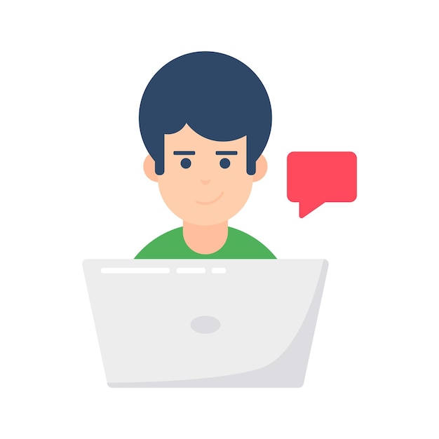 Un avatar de hombre con computadora portátil y burbuja de chat que muestra el icono de concepto de la conversación en línea