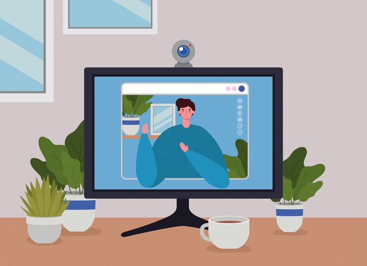 Vector avatar de hombre en computadora en video chat