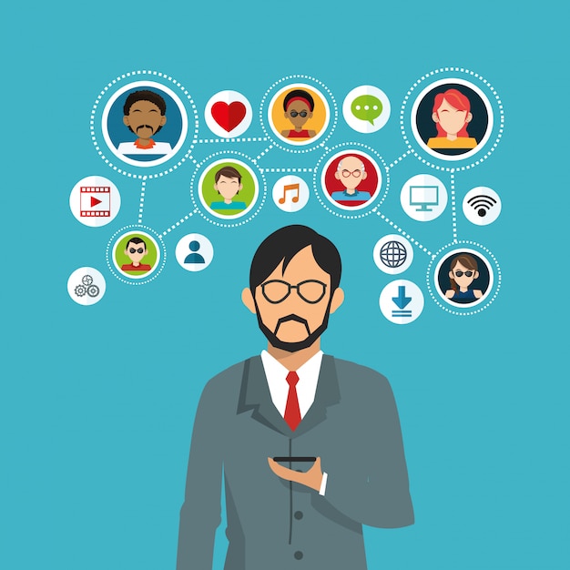 Vector avatar hombre y conjunto de iconos de redes sociales