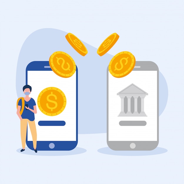 Vector avatar de hombre con máscara de teléfonos inteligentes y monedas y banco