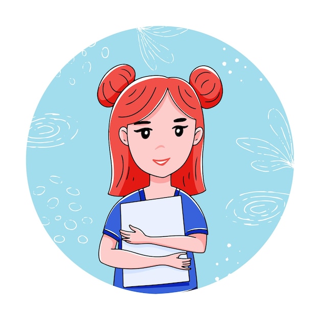 Avatar de una linda chica pelirroja sosteniendo una carpeta en sus manos Ilustración de vector de estilo dibujado a mano
