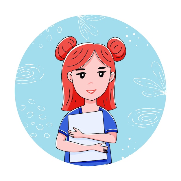 Vector avatar de una linda chica pelirroja sosteniendo una carpeta en sus manos ilustración de vector de estilo dibujado a mano