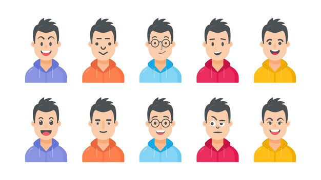 Avatar masculino y cara de dibujos animados con diferentes expresiones faciales y conjunto de ilustraciones de personajes