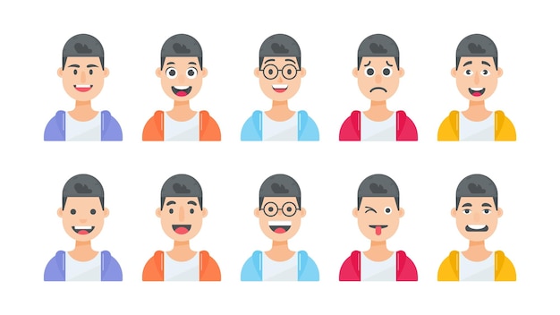 Avatar masculino y cara de dibujos animados con diferentes expresiones faciales y conjunto de ilustraciones de personajes