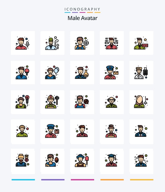 Avatar masculino creativo paquete de iconos llenos de 25 líneas, como el programador de anclaje de fútbol de comunicación de noticias