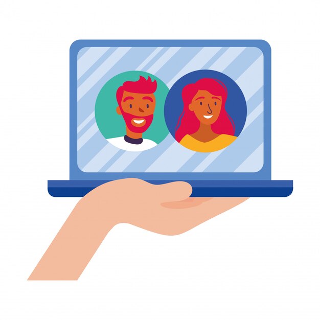 Avatar de mujer y hombre en la computadora portátil en diseño de vector de video chat