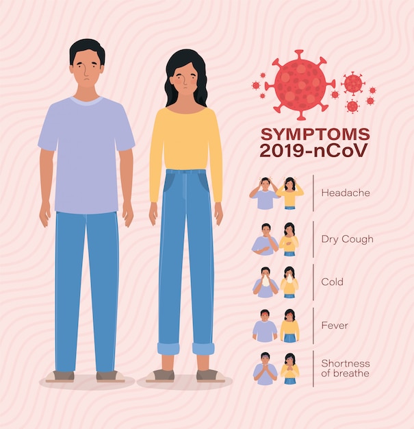 Avatar mujer y hombre con diseño de síntomas de virus ncov 2019