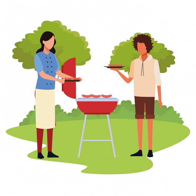 Vector avatar mujer y hombre en una parrilla de barbacoa al aire libre