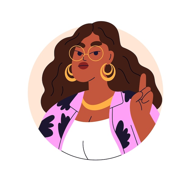 Vector avatar de mujer joven y atrevida. chica moderna y fresca con una expresión facial arrogante y segura de sí misma, retrato de cabeza en círculo. mujer de moda con gafas. ilustración vectorial plana aislada sobre fondo blanco