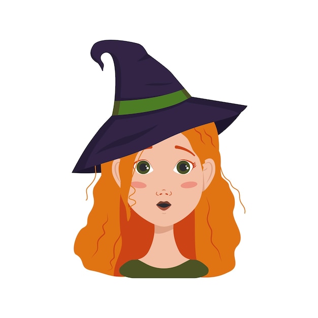 Avatar de una mujer con pelo rojo rizado, emociones sorpresa, cara con los ojos abiertos y boca redonda con sombrero de bruja. Chica con pecas en un traje para Halloween