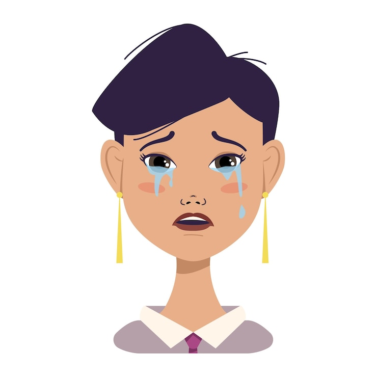 Vector avatar de mujer triste con cara de llanto de pelo negro corto de moda y emociones infelices.