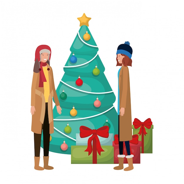 Avatar de mujeres con árbol de navidad y regalos