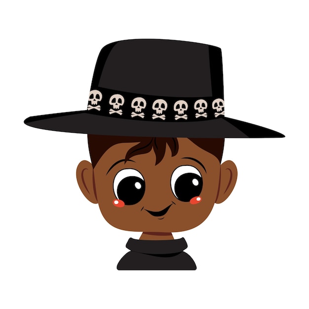 Avatar de un niño afroamericano de piel oscura, ojos grandes y una amplia sonrisa feliz con un sombrero con una calavera. la cabeza de un niño con rostro alegre. decoración de fiesta de halloween