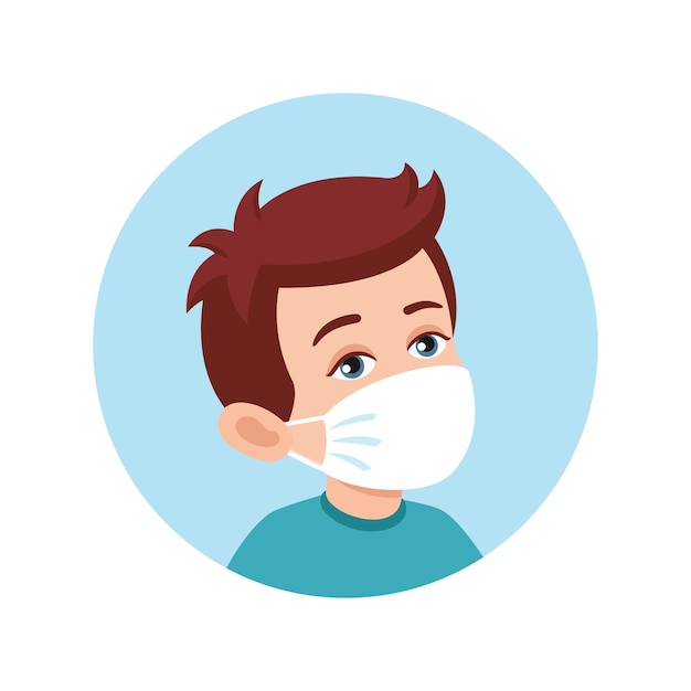 Avatar niño niño con y sin máscara médica. Se requiere máscara. No se permite la entrada sin usar máscara médica. Ilustración de vector de estilo plano