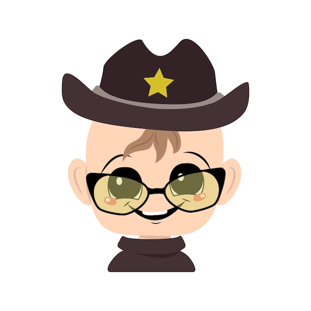 Avatar de un niño con ojos grandes y una amplia sonrisa en un sombrero de sheriff con una estrella amarilla niño lindo con un ...