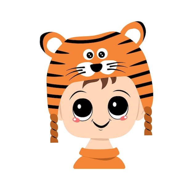 Avatar de un niño con ojos grandes y una amplia sonrisa en un sombrero de tigre. niño lindo con una cara alegre en un traje festivo para navidad y año nuevo. cabeza de adorable bebé con emociones felices