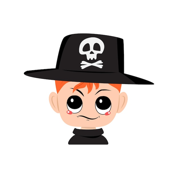 Avatar de niño con pelo rojo emociones de cara sospechosa disgustada con sombrero con calavera niño lindo con un ...