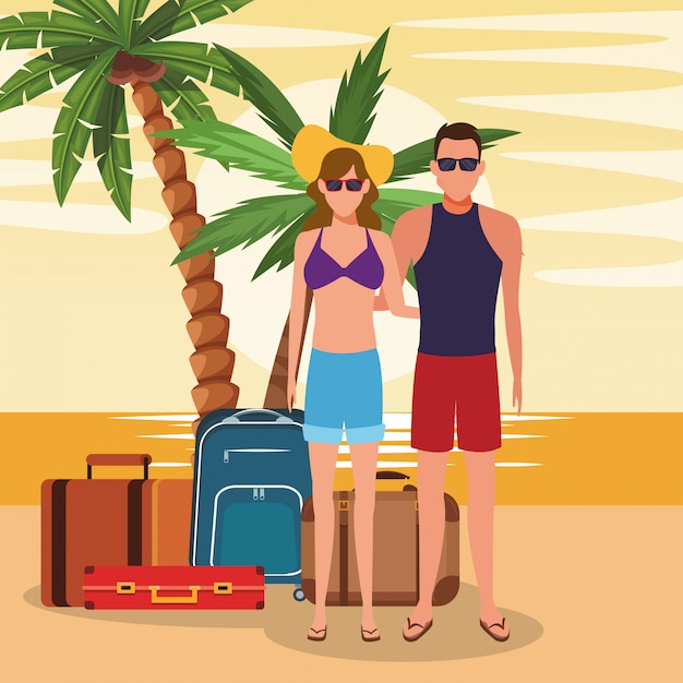 Vector avatar pareja con maletas en la playa