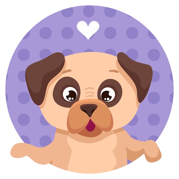 Avatar de perro de retrato de cara de pug ilustración de dibujos animados de vector dibujado a mano con cachorro feliz divertido en círculo