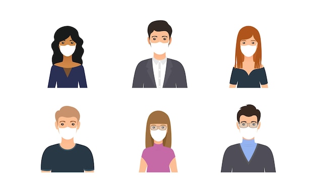 Avatar personas con máscaras médicas Ícono de persona de negocios Establecer oficina hombres mujeres Caras personajes en diseño plano