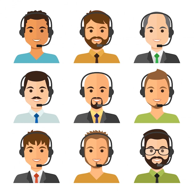 Avatares de agentes de call center, colección de hombre de negocios