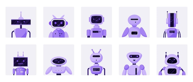 Los avatares de los chatbots tienen cabezas de asistentes robóticos morados con antenas y caras divertidas.