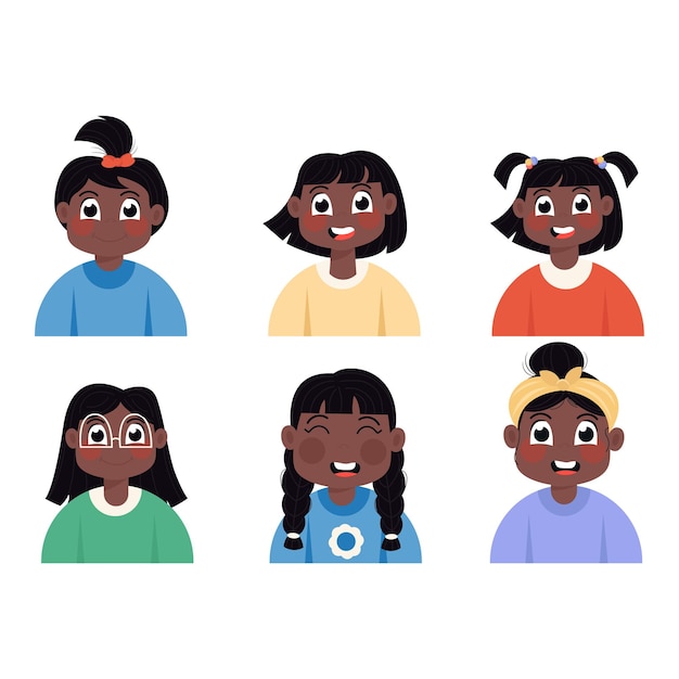 Avatares infantiles de niñas afroamericanas felices en estilo plano