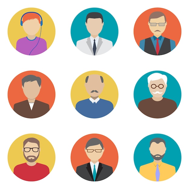 Avatares masculinos Iconos de personas Conjunto de iconos de estilo plano Ilustración vectorial
