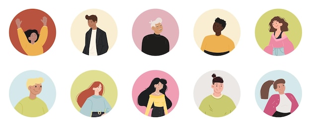 Avatares de personajes planos coloridos con diversos individuos