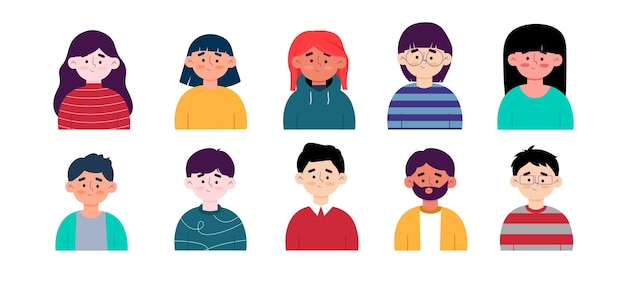 Avatares de personas caras de personajes de hombre y mujer para perfil de redes sociales, avatar de usuario
