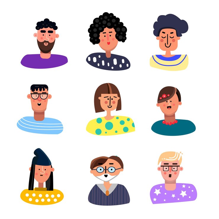 Avatares de personas establecen caras planas masculinas y femeninas