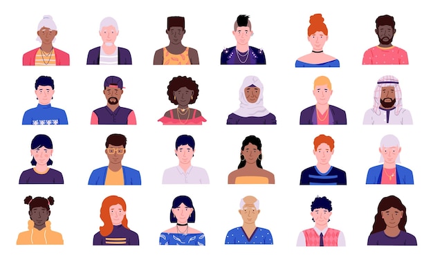 Avatares de personas Hombres y mujeres colección de iconos de personajes de dibujos animados cabezas de personas masculinas y femeninas con hombros vista frontal perfil de usuario retrato vector doodle diferente raza conjunto de estilo simple