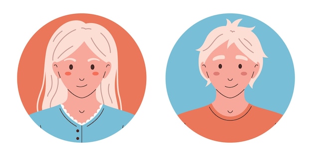 Avatares de personas vectoriales en círculos Retratos de cabezas de personajes adolescentes en diseño plano Niña y niño sonrientes lindos Iconos redondos con personas
