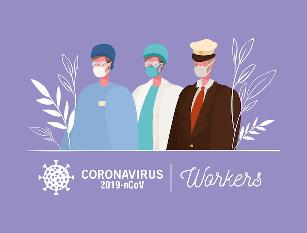 Avatares de trabajadores con máscaras y uniformes médicos.