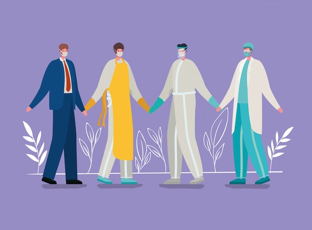 Avatares de trabajadores con máscaras y uniformes médicos.