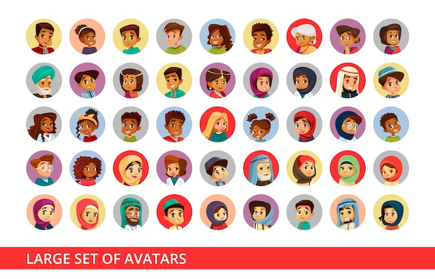 Avatares de usuarios de redes sociales de personas y niños de diferentes nacionalidades