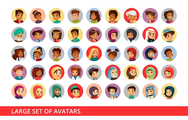 Vector avatares de usuarios de redes sociales de personas y niños de diferentes nacionalidades