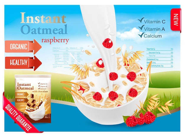 Avena instantánea con concepto de anuncio de bayas. Leche que fluye a un cuenco con grano y frambuesa. Vector.