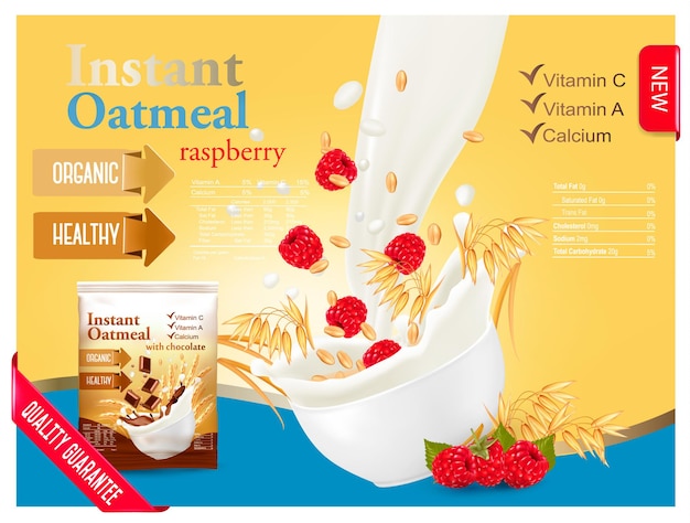 Avena instantánea con concepto de anuncio de frambuesa. Leche que fluye a un bol con grano. Vector.